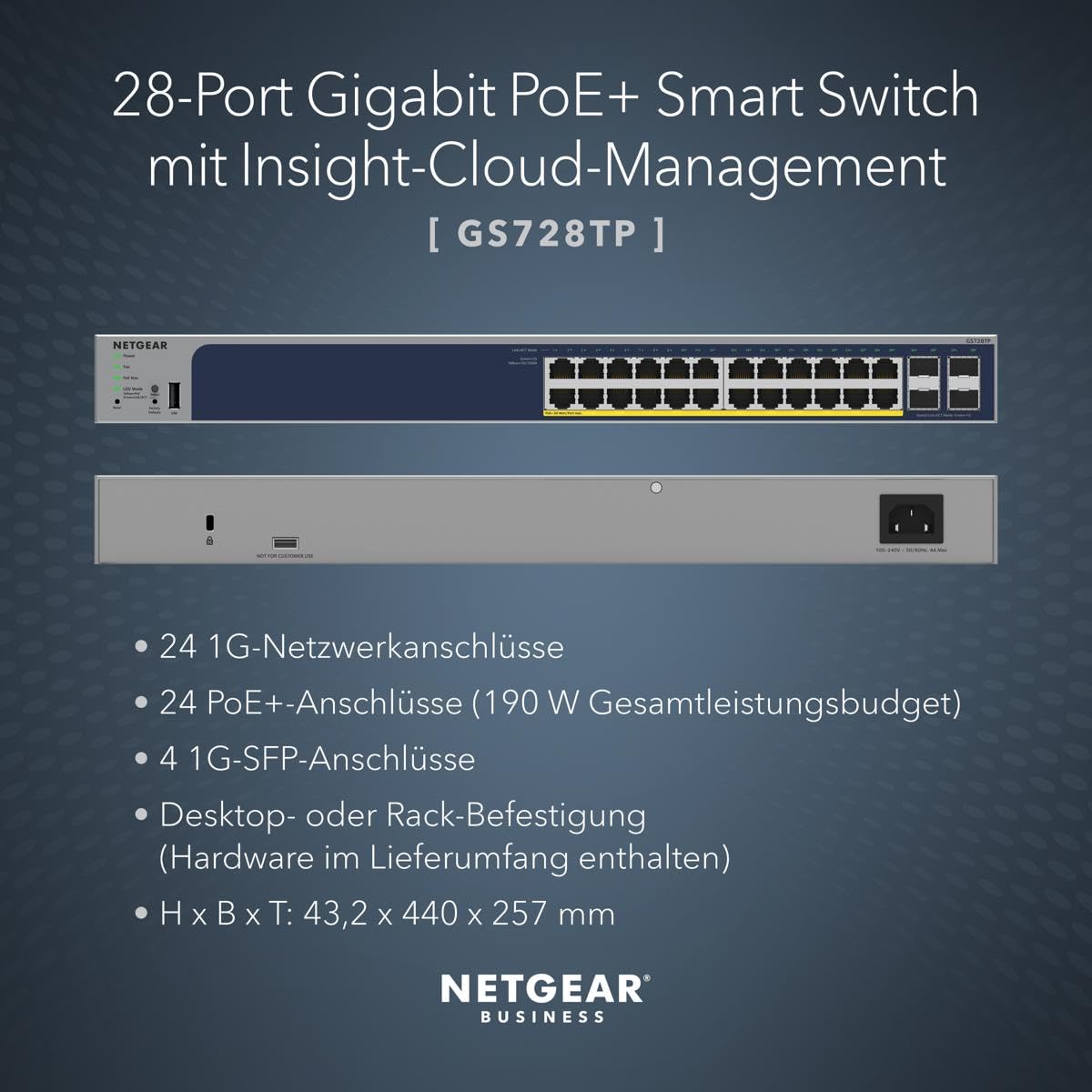 NETGEAR 28-Port PoE Gigabit Ethernet Smart Switch (GS728TP): Managed, optionales Insight-Cloud-Management, 24 PoE+ bei 190 W, 4 1G SFP, Desktop- oder Rack-Befestigung