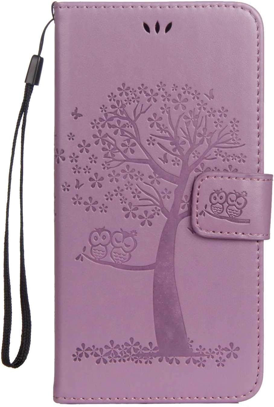 iPhone 7 Plus/iPhone 8 Plus Case, Leather Case Wallet Flip Case with Card Holder for Apple iPhone 7 Plus / 8 Plus, Magnetic Book Cover with Embossed Tree and Owl Design - Purple