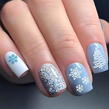 24Pcs Christmas Press on Nails Short Square Snowflake False Nails with White Xmas Trees Design Blue White Glossy Full Cover Artificial Glue on Nails Christmas Stick on Nails for Women Nails Kit