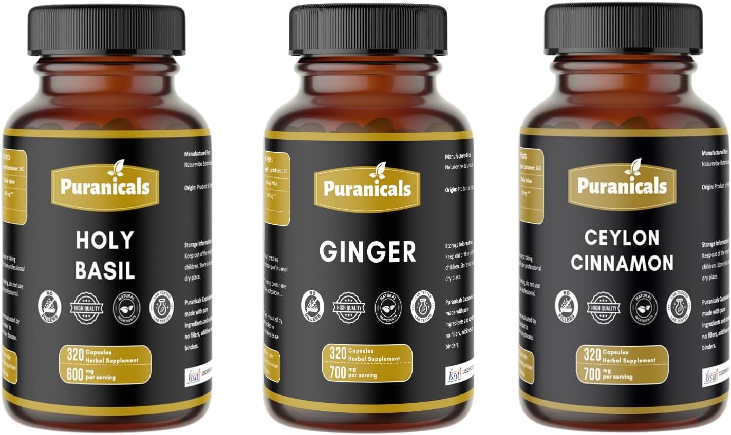 Holy Basil, Ginger & Ceylon Cinnamon 320 Capsules Each - Botanical Capsule Variety Pack | Easy Daily Use | Non-GMO Ingredients, No Artificial Colors | Capsules Combo Pack