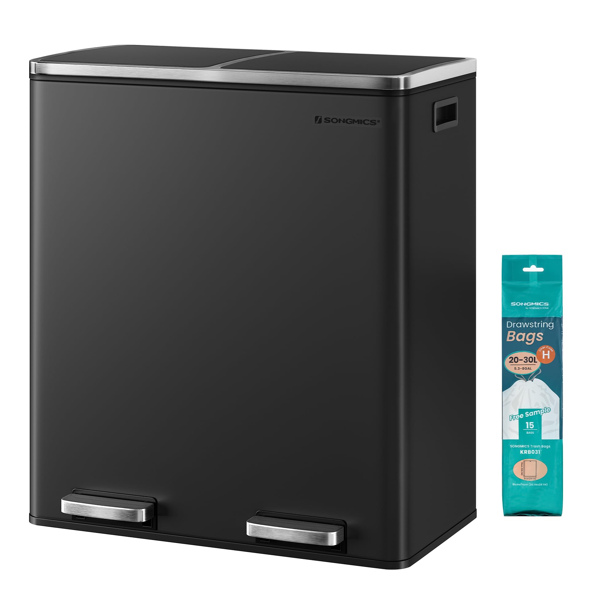 SONGMICS Poubelle Cuisine Tri Sélectif 2 x 30L, 2 Seaux en Plasatique, avec 15 Sacs Poubelles, Pédales en Métal, Couvercles, Poignées, Fermeture en Douceur, Hermétique, Noir LTB60BK