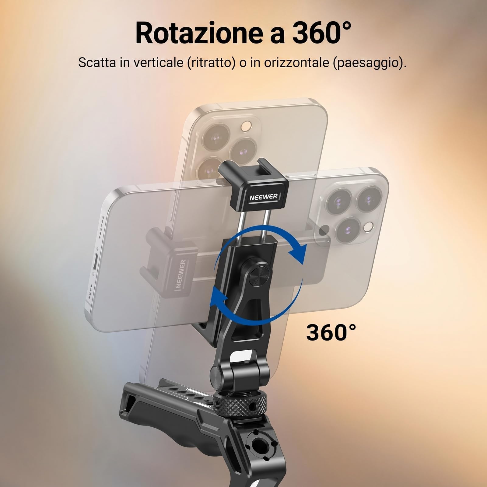 NEEWER Supporto Telefono da Treppiede in Metallo con Cold Shoe, Filettatura 1/4", Incl.180°,Rot.360°, Supporto Smartphone per Cavalletto Compatibile con iPhone 15 Pro Max S24 Ultra Camera Cage, GA010