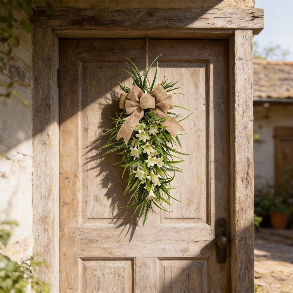 Corona de lirios artificiales, 60 cm, con lazo para puerta de casa