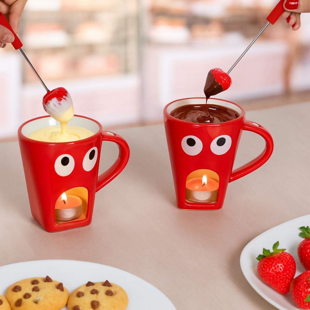 Fisura – Taza fondue chocolate original. Fondue de queso con taza y tenedor. Taza roja con estampado de ojos para fondue. Taza original para regalo. 140 mililitros