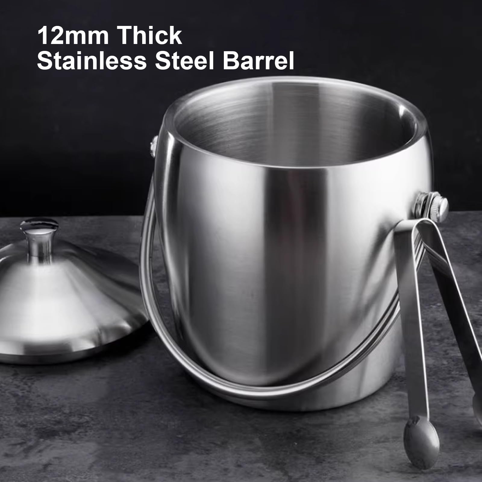 Cubo de hielo con tapa y pinzas, acero inoxidable de doble pared, perfecto para enfriar cerveza, champán, vino y entretenimiento en fiestas en casa, capacidad de 1,2 L/2 L