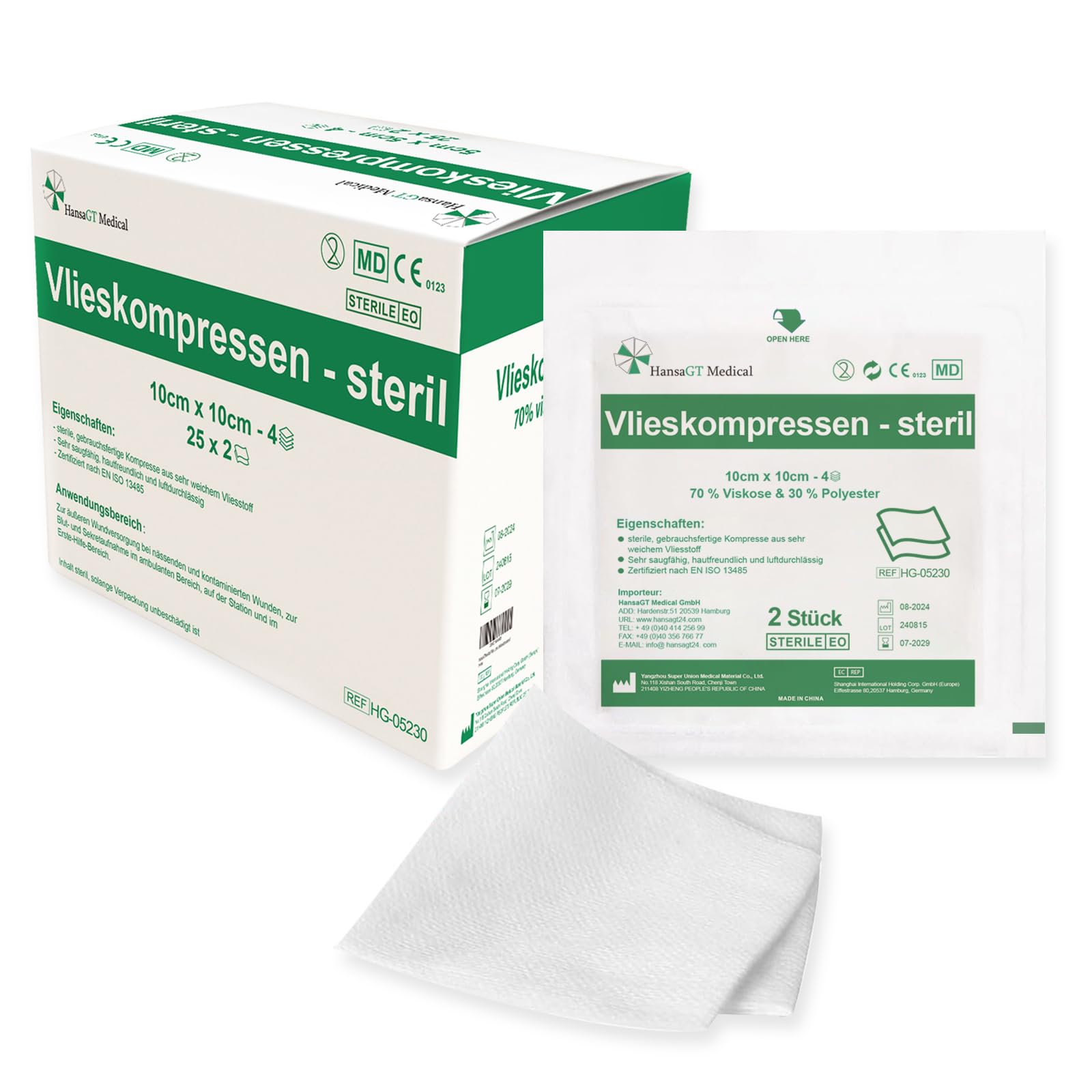 HansaGT Medical Vlieskompressen 10x10 cm STERIL 50 Stück nicht haftende Wundauflage aus Vlies 4 lagig und saugstark für Brandwunden chirurgische nässende und trockene Wunden Verbandmaterial