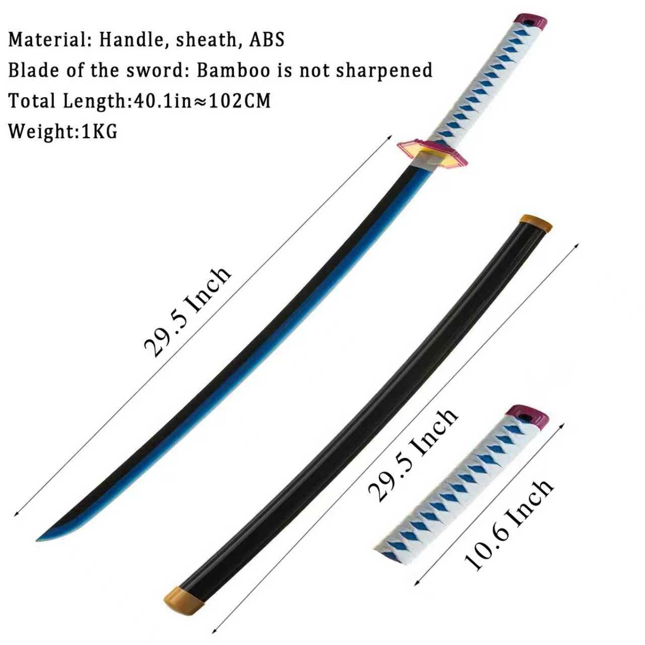 Demon Sword Katana Holz (Tomioka Giyuu) Set mit Gürtel und Ständer 102 cm Blau-schwarzes Bambus-Samuraischwert (stumpf) – Anime-Cosplay-Kostümwaffe