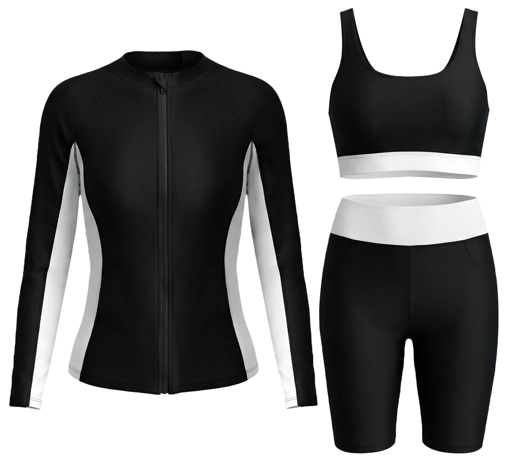 Donne Set Rashguard 3 Pezzi Costume da Bagno Manica Lunga Anti-UV Costume da Surf Spiaggia Piscina S-2xl