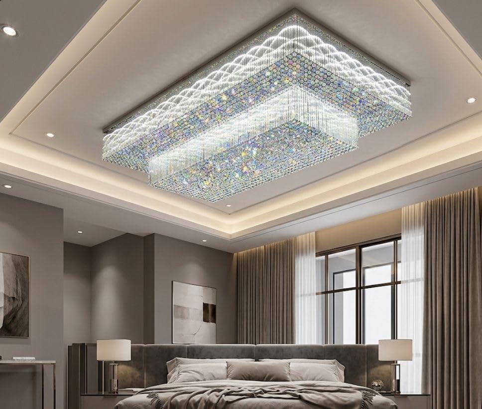 Image of Sanleen Large Rectangular Crystal Chandelier Ceiling Light 24x36 Inch | LED Flush Mount Wave Pattern Design | Modern Luxury Ceiling Lamp for Dining Room, Living Room | Height 18 Inch