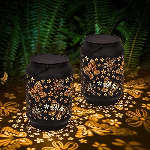 2 Pack Outdoor Solar Lanterns Butterfly Flower Design Hanging Solar Lantern Black Solar Lanterns Outdoor Hanging Solar Lanterns Outdoor Waterproof with Handle Solar Outdoor Lantern for Patio Garden