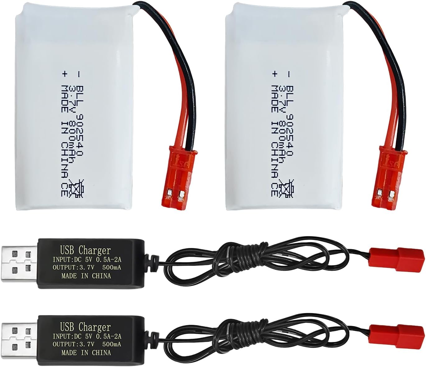 2pcs 3.7V 800mAh Lipo Battery Remote Control Drone Battery with USB Charger JST Plug for SYMA X56W MJX X400W X300C X800 HS110 S670 V950HD S1750 V2450 Remote Control Quadcopter