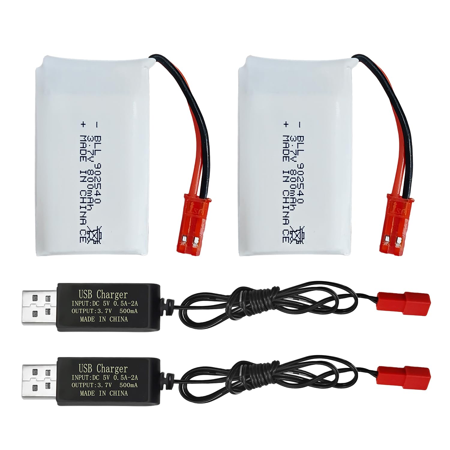 2 x 3.7V 800mAh Lipo Battery with USB Charger JST Plug for SYMA X56W MJX X400W X300C X800 HS110 HS200 S670 V950HD S1750 V2450 RC Quadcopter Battery