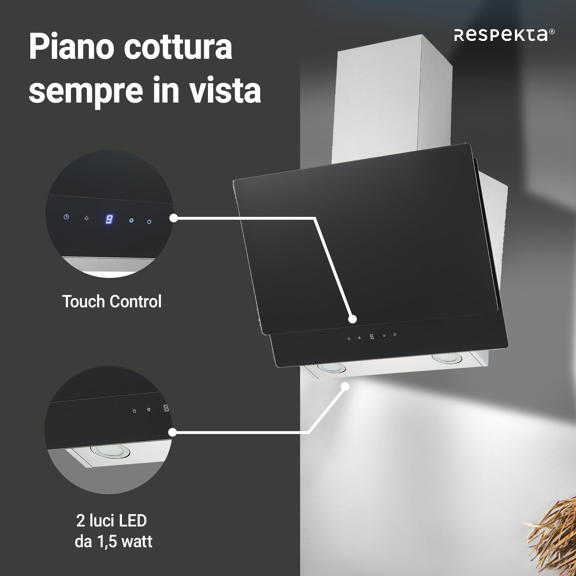 Respekta Cappa Cucina Inclinata Con Spazio Per La Testa, Cappa Cucina Verticale 60 Cm, Scocca In Acciaio Inox Con Vetro Bianco, Funzione Di Scarico E Ricircolo, CH77060SA, A, 53–66 Db