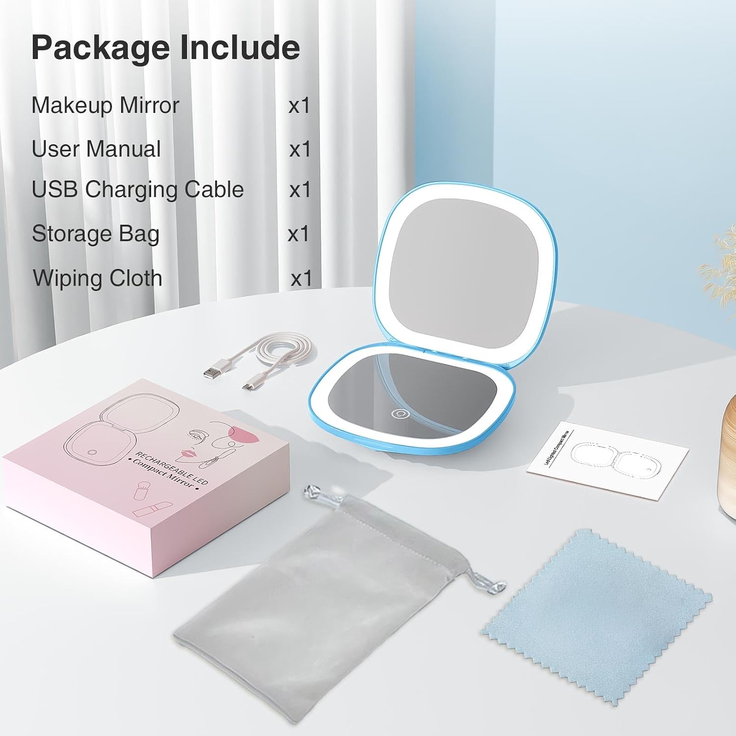 Travel Makeup Mirror with Light, 10X/1X Magnifying Compact Mirror for Purse, Portable Double Sided Folding Pocket Size, Dimmable LED & USB Rechargeable(Blue)