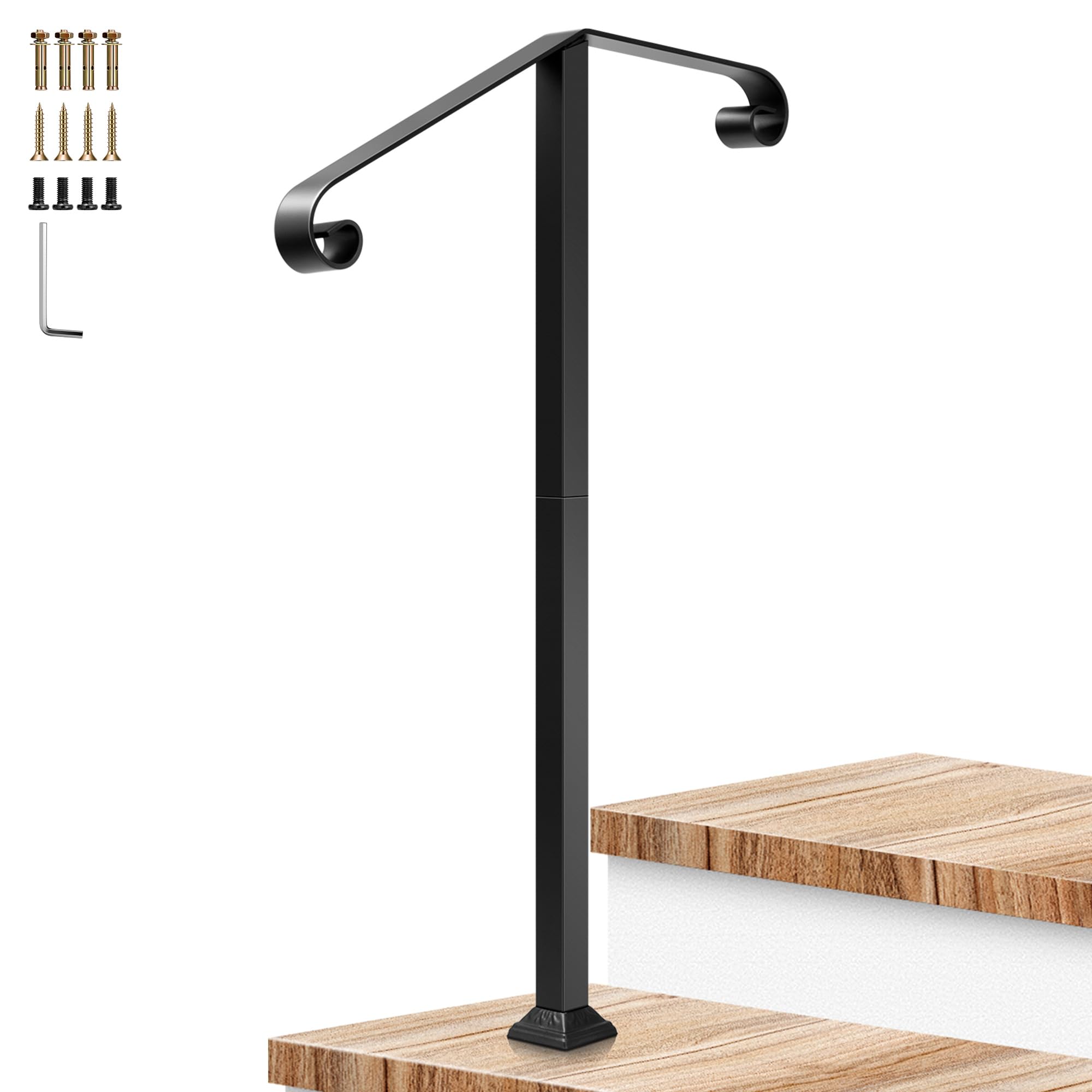VIVOSUN 2-Step Stair Handrail 22"x39" Wrought Iron with 2 Curved Ends Black