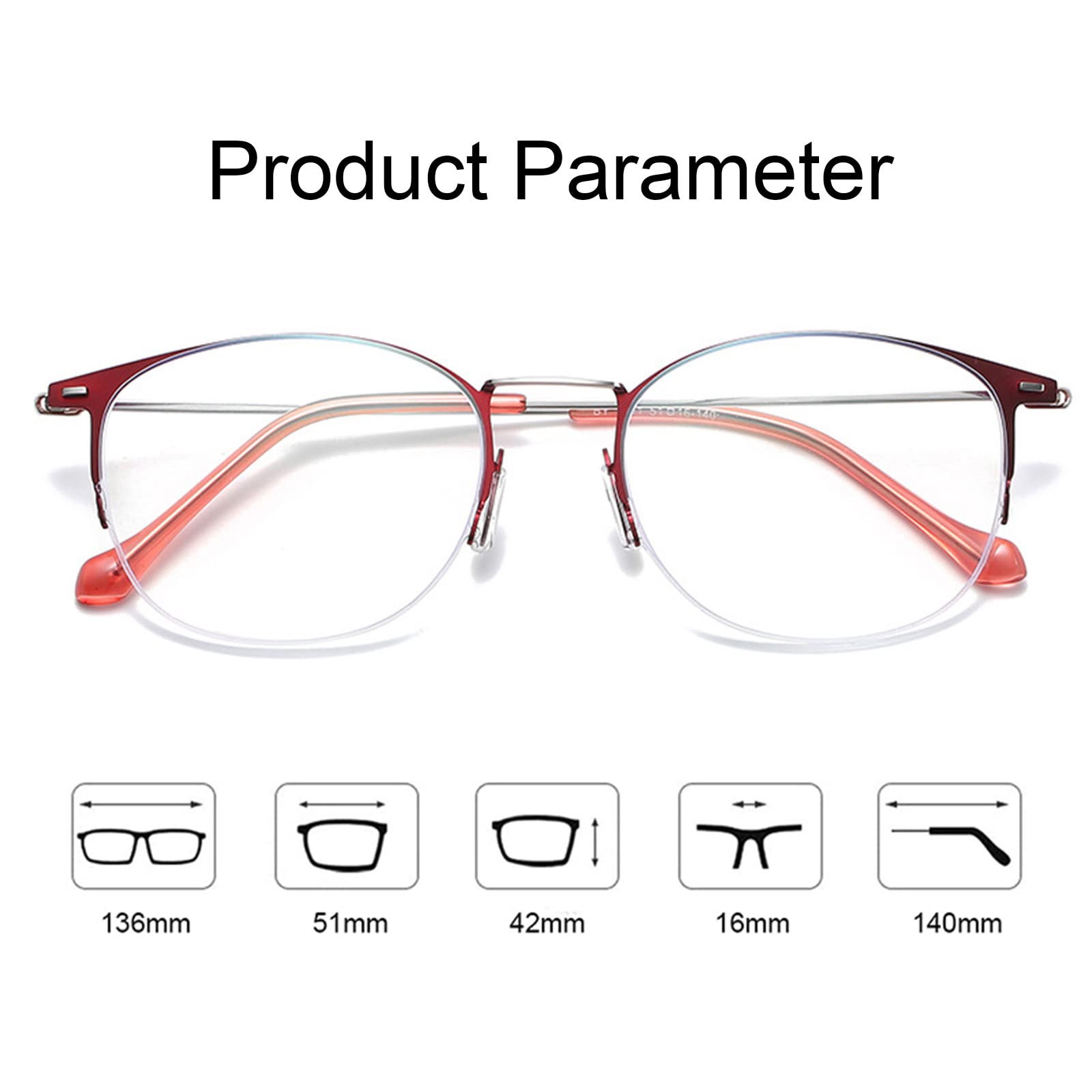 Gafas de Lectura con luz antiazul para Mujer, Gafas de Medio Marco Redondas de Metal para Ancianos, Gafas para presbicia óptica antitensión Ocular, RedSilver-+2.00