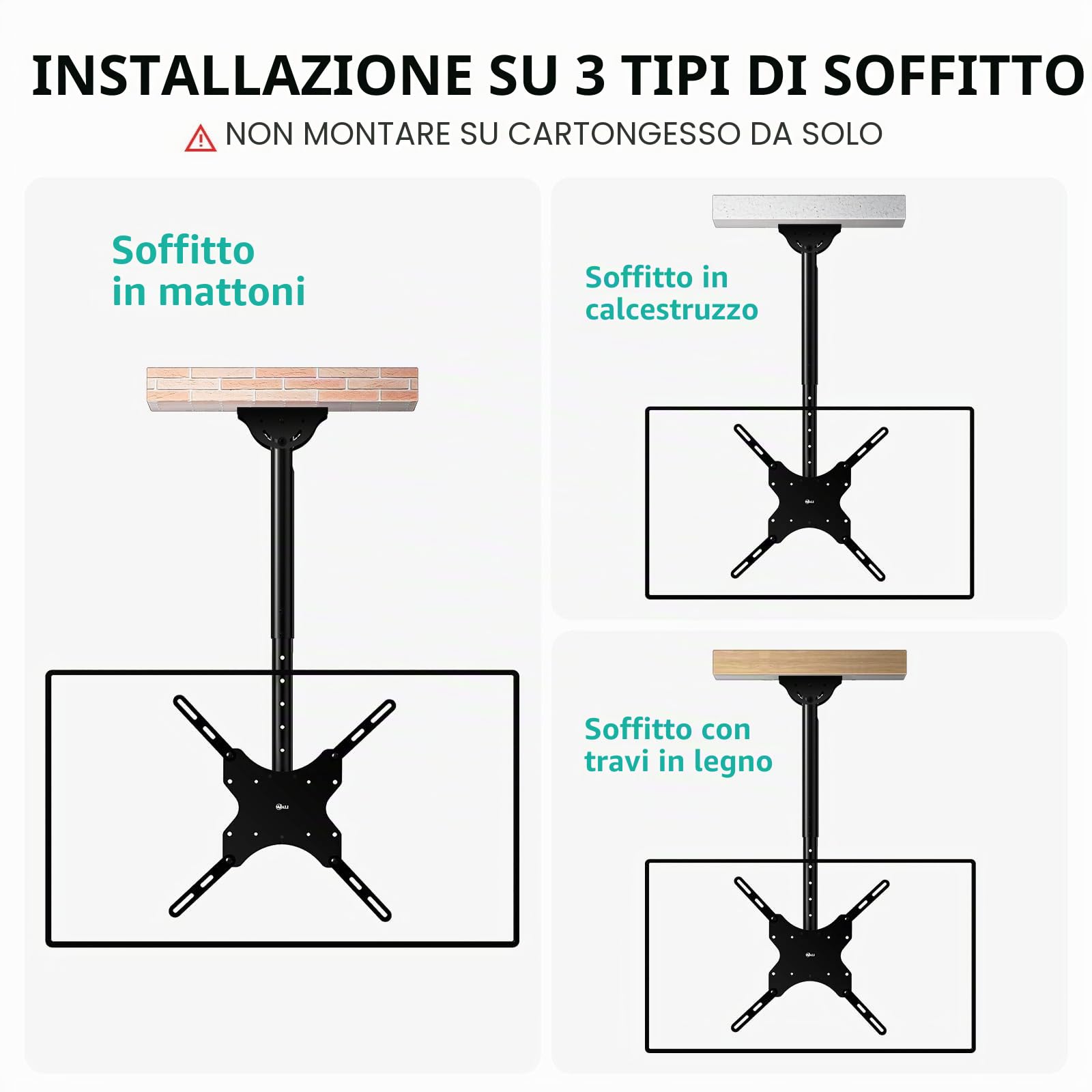 WALI Supporto da soffitto per TV a soffitto, inclinabile, orientabile, per schermo piatto da 26 a 65 pollici, supporta fino a 50 kg, VESA max 400 x 400 mm, supporto per soffitto piatto e inclinato,