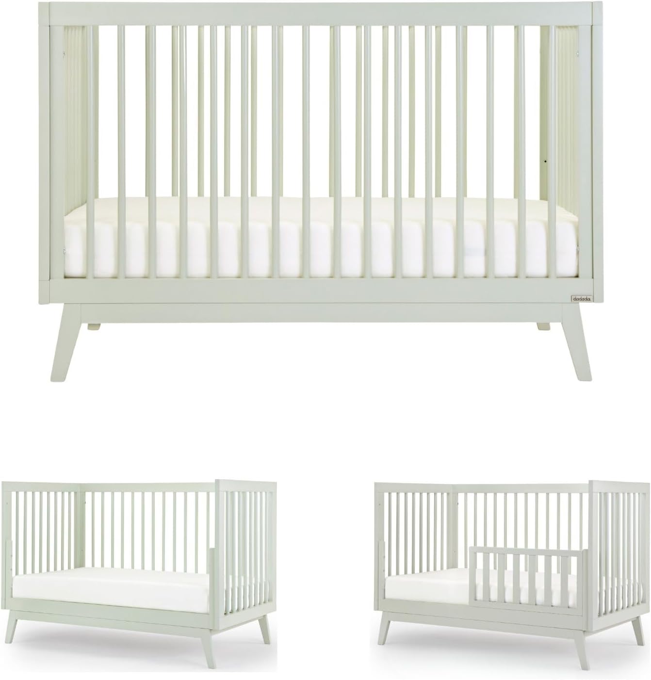 dadada Baby Soho 3 in 1 Convertible Wooden Crib to Toddler Bed - Made in Italy, GREENGUARD Gold Certified, Baby-Safe Finish, Sustainable Beech Wood, Modern Design, 3 Adjustable Heights (Sage)