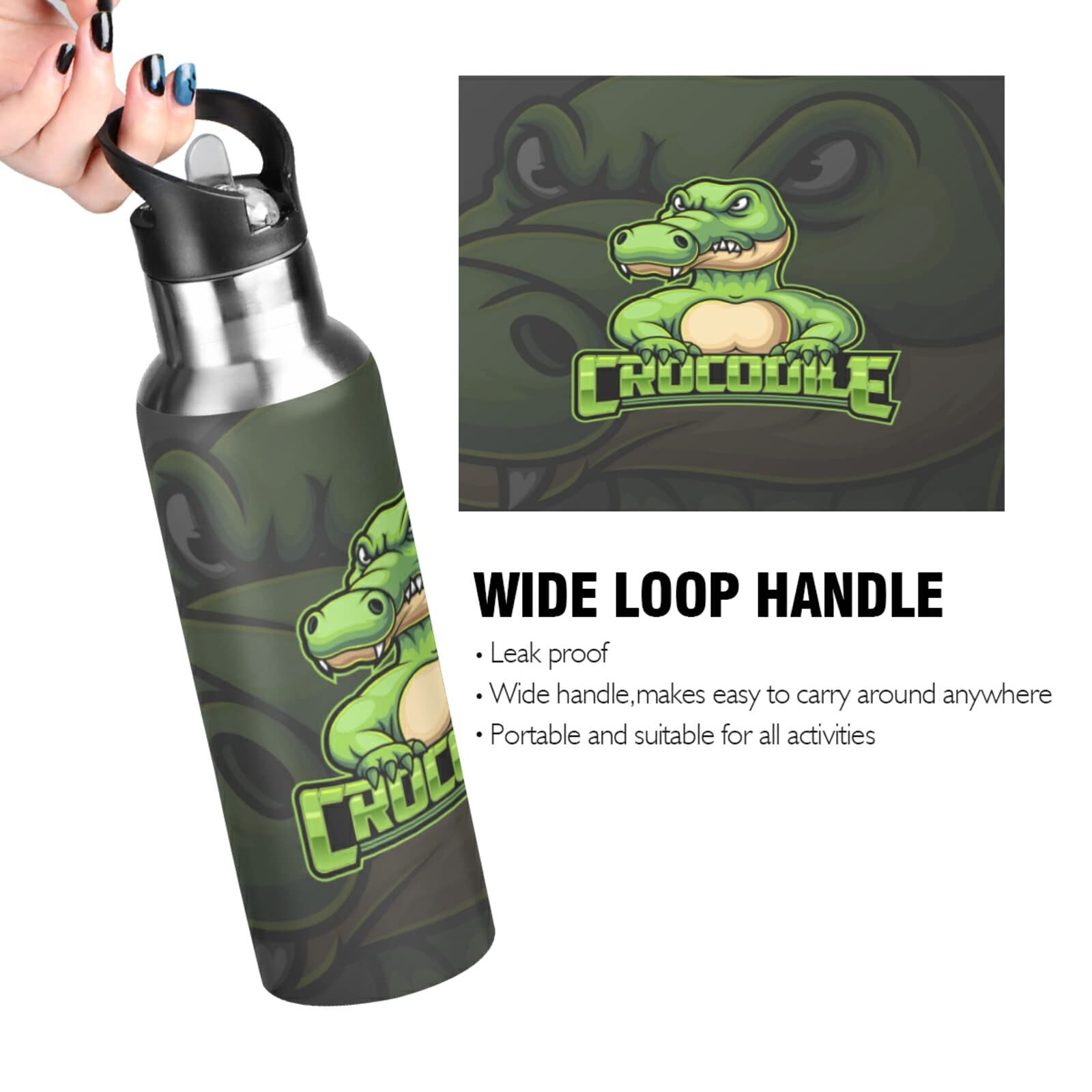 Vnurnrn Bottiglia Termica Acciaio Inox 600ml Per Bambini - Coccodrillo Simpatico Con Dinosauro E Chitarra, Borraccia Isolata Senza BPA Per Scuola E Sport - 2