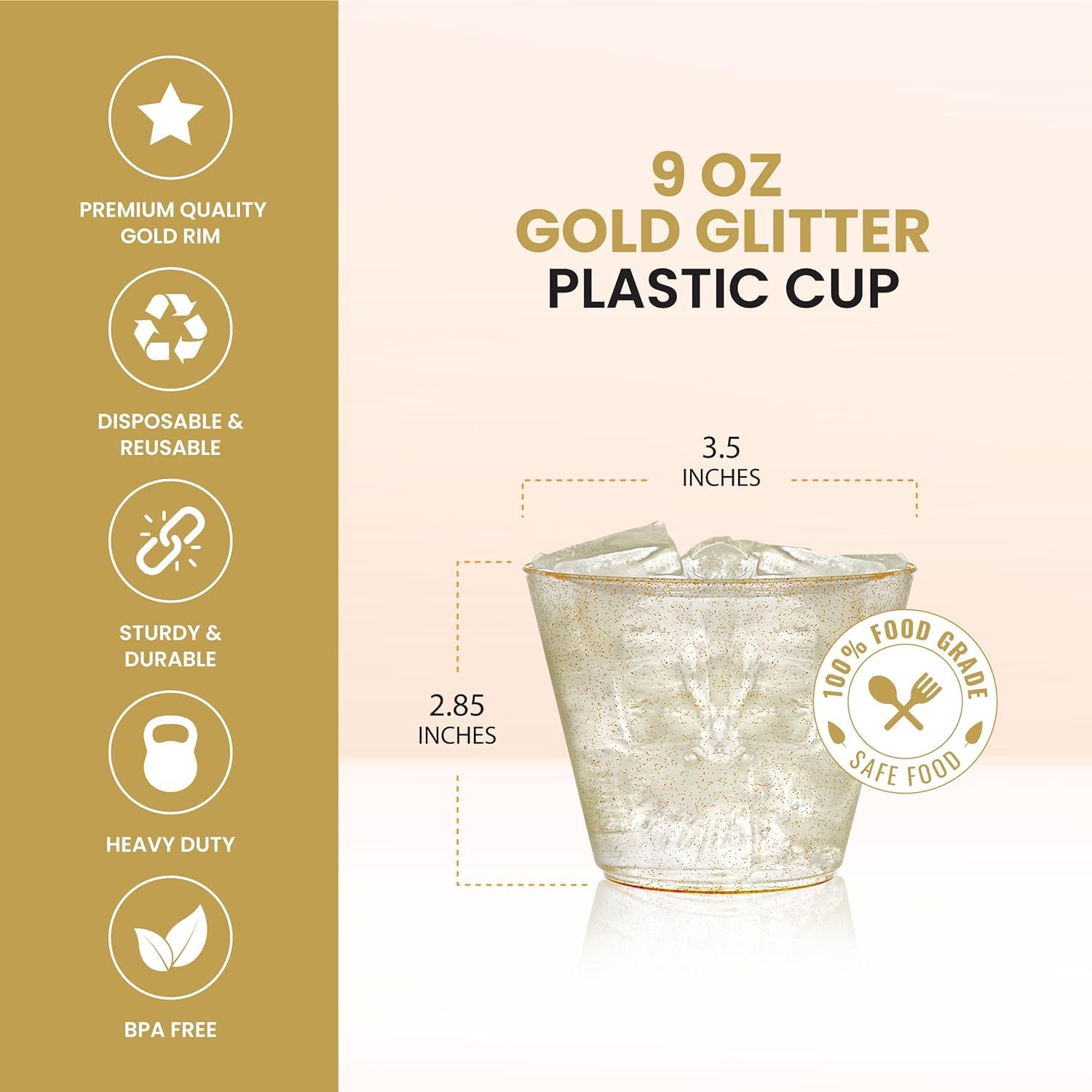 Bicchieri In Plastica Rigida Con Glitter Oro 270ml – 100 Pezzi Riutilizzabili Per Feste, Matrimoni, Eventi - 4