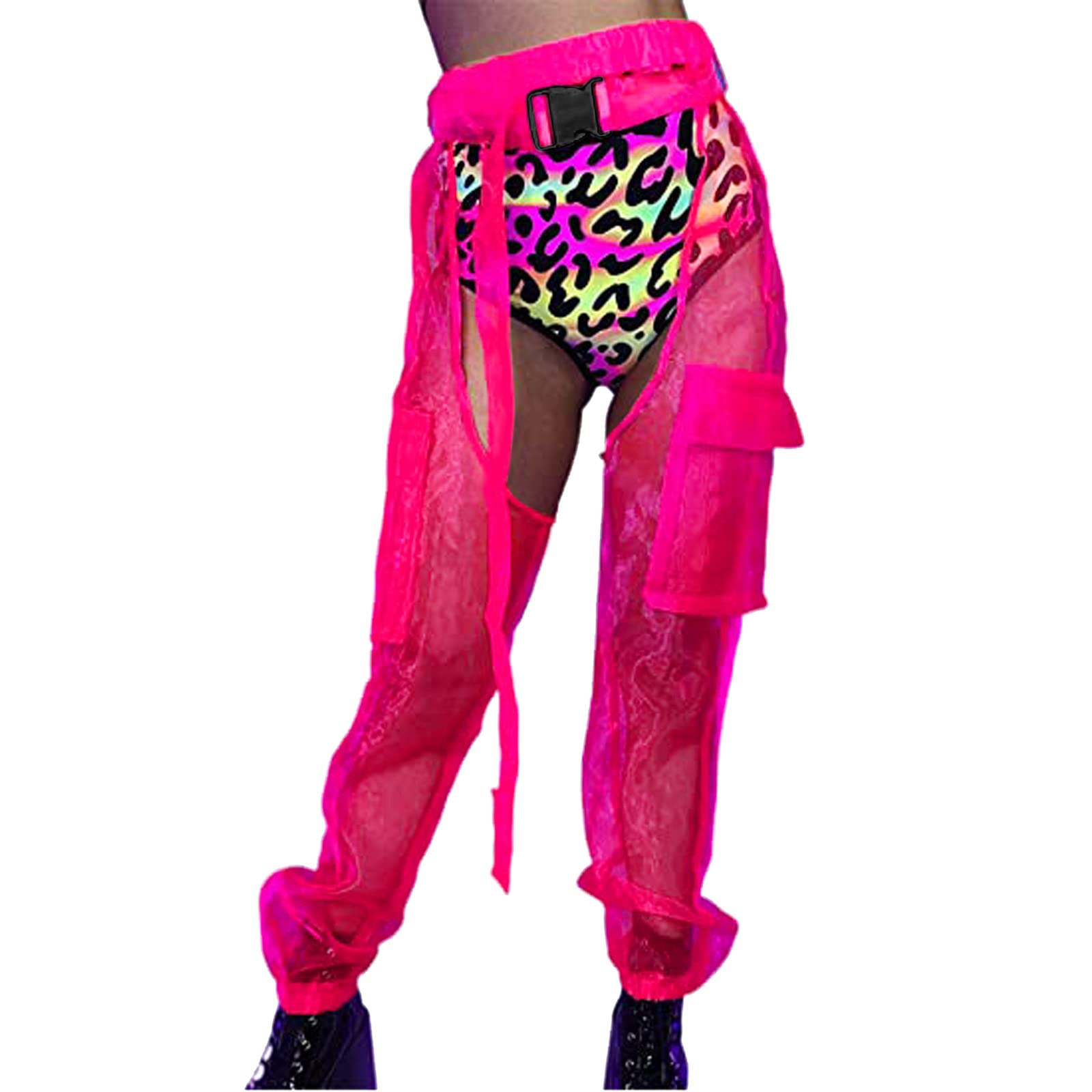 Pants Mesh Women Wasit Jogger Transparent Long Sexy Buckles