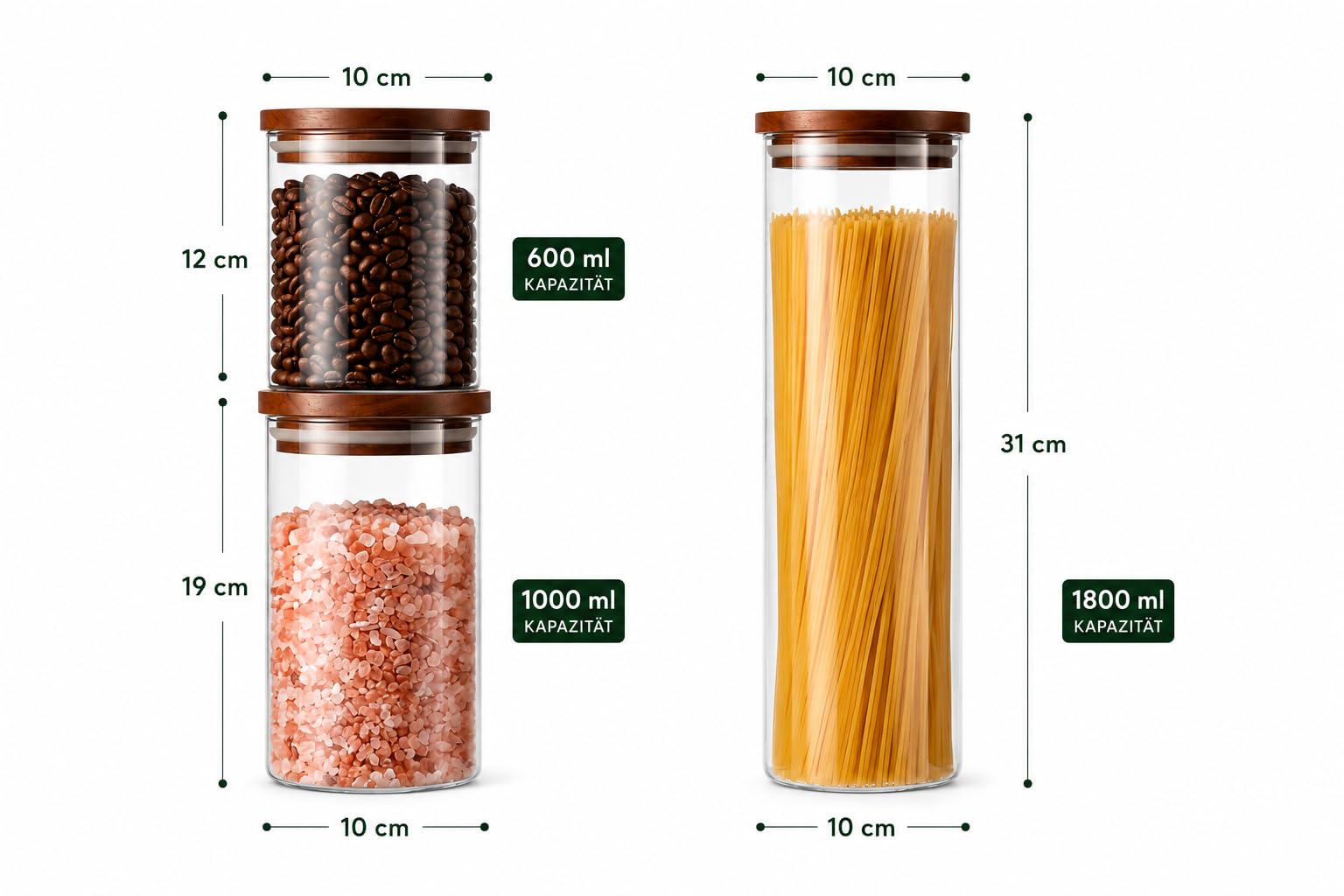 QuaLife Set di 5 barattoli da 1800/1000/600 ml, in vetro borosilicato con coperchio in legno di acacia, ermetici e impilabili, contenitori rotondi in vetro per cucina e conservazione degli alimenti