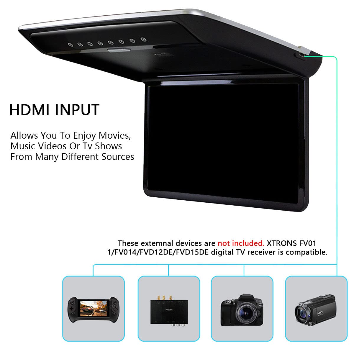 15.6'' Schermo Ribaltabile per Monitor da Tetto per Auto 1080P, visualizzazione TV Digitale HD a soffitto con Luce d'atmosfera, Lettore per Auto MP5, HDMI IR FM USB,Beige
