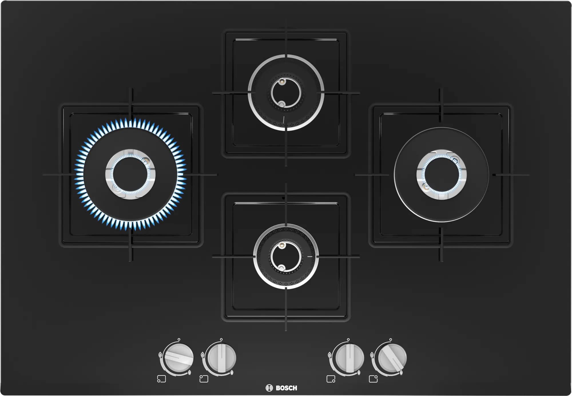 Built in Gas Hob Black Tempered glass Glass 4 Burner Auto Ignition 75 cm Italian Double Ring Burners (PNI7B6B10I)
