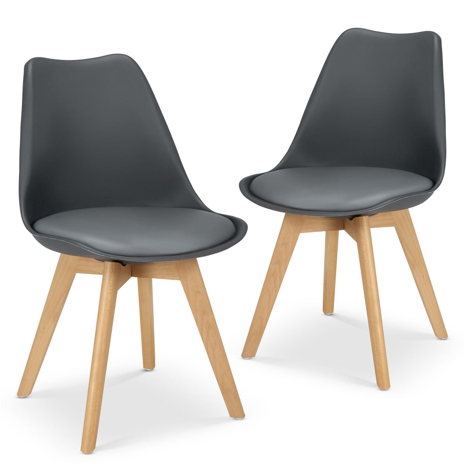 Bravich Rocco Dining Chairs Set of 2 with Cushion Pad Seat, Grey Plastic Kitchen Chairs with Wooden Legs, Modern Accent Chairs for Dining Room, Bedroom and Dressing Table