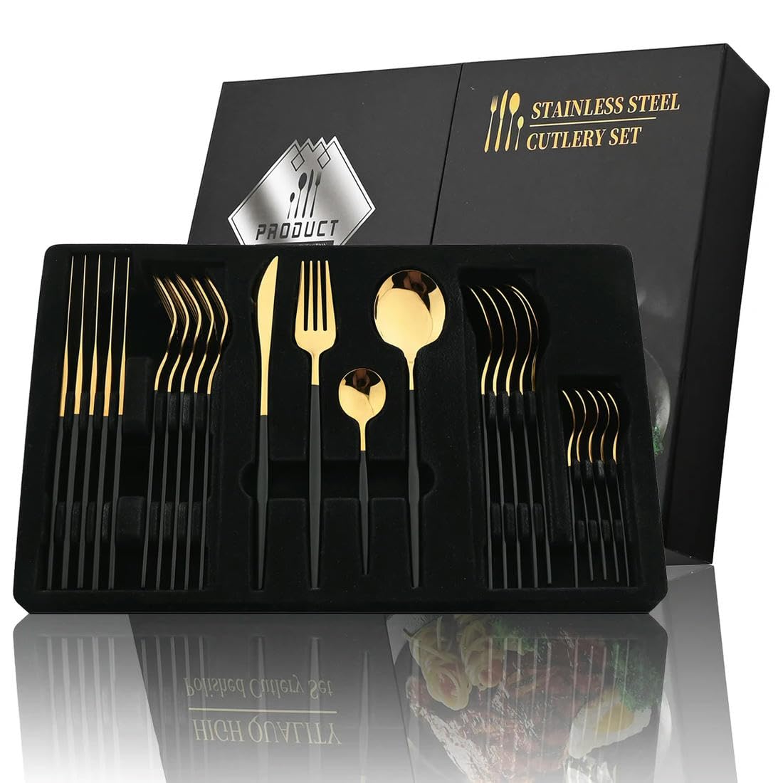 Juego de 24 Cubiertos Dorados con Mango Negro de Acero Inoxidable, Cuchillo, Tenedor, Cuchara, vajilla, Juego de Cubiertos para Festivales, vajilla de Cocina, Regalo