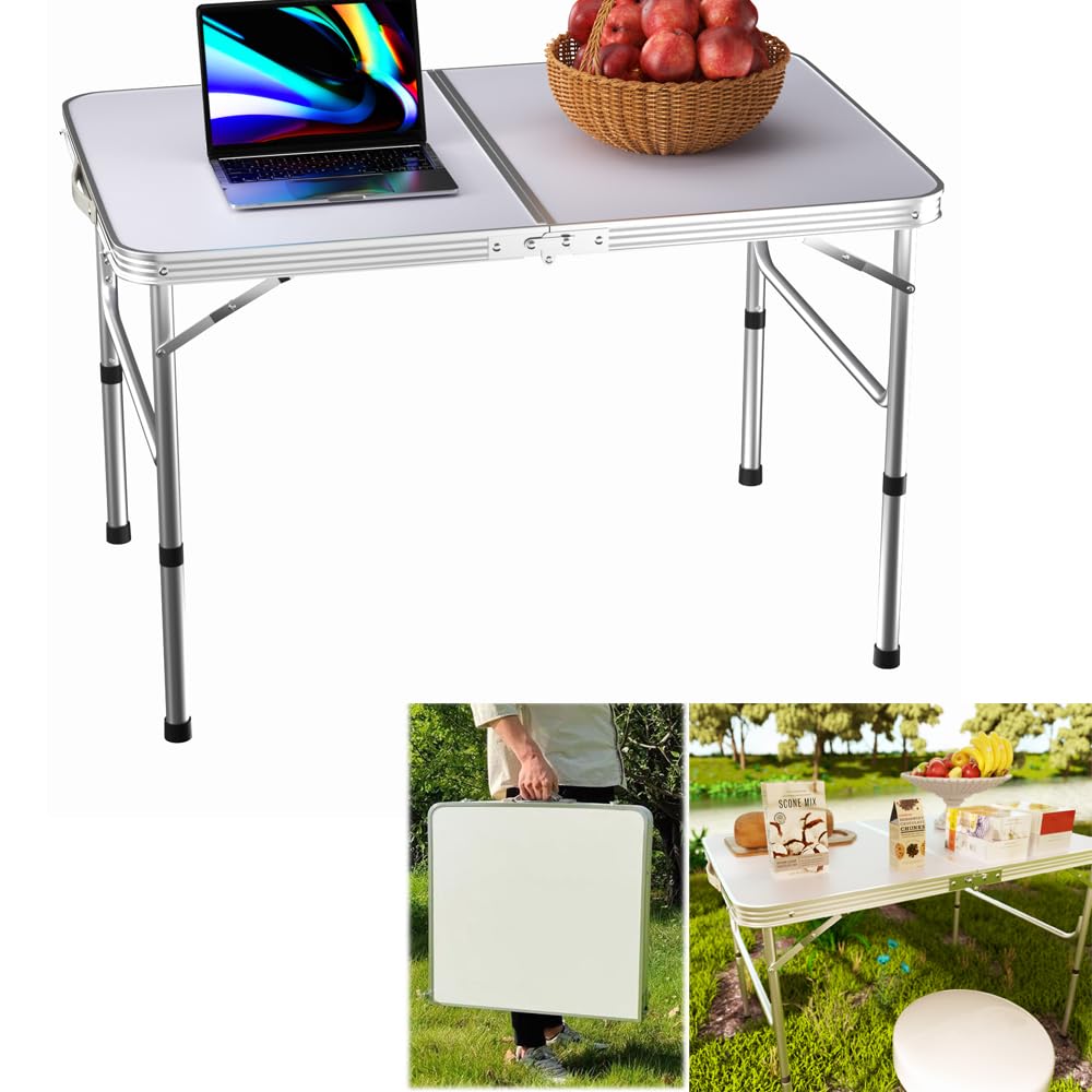 Qimu 3ft Aluminium Folding Table Picnic Table Foldable Portable Folding Camping Table Adjustable Height Compact Trestle Table with Carrying Handle for Picnic Party BBQ Indoor Outdoor Garden Cooking — image 1