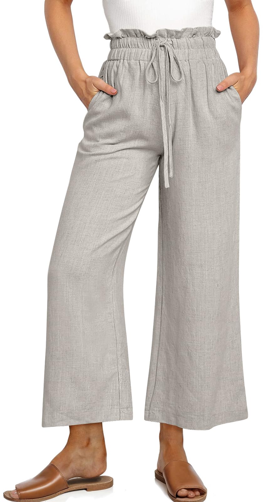 Women's Linen Casual Pants Summer Wide Leg Loose Ruffle High Waist Cropped Drawstring Palazzo Flowy Trousers with Pockets
