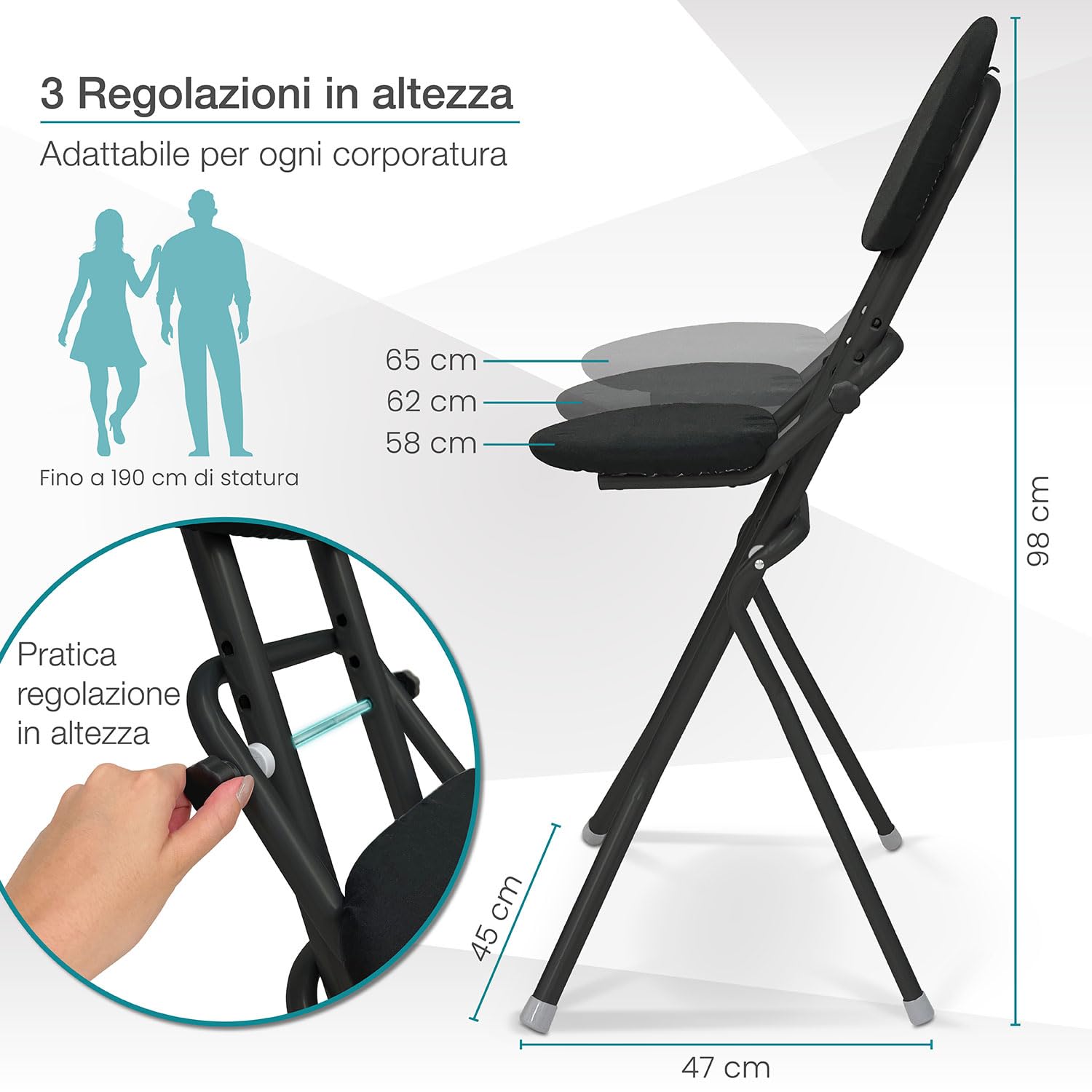 ELONEO Sedia Pieghevole Imbottita - Antiscivolo e Salvaspazio, Sgabello per Stirare, Cucinare o Giardinaggio, 3 Altezze Regolabili (58-65cm), Portata 120kg, Dimensioni 45x98x47cm (Nero)