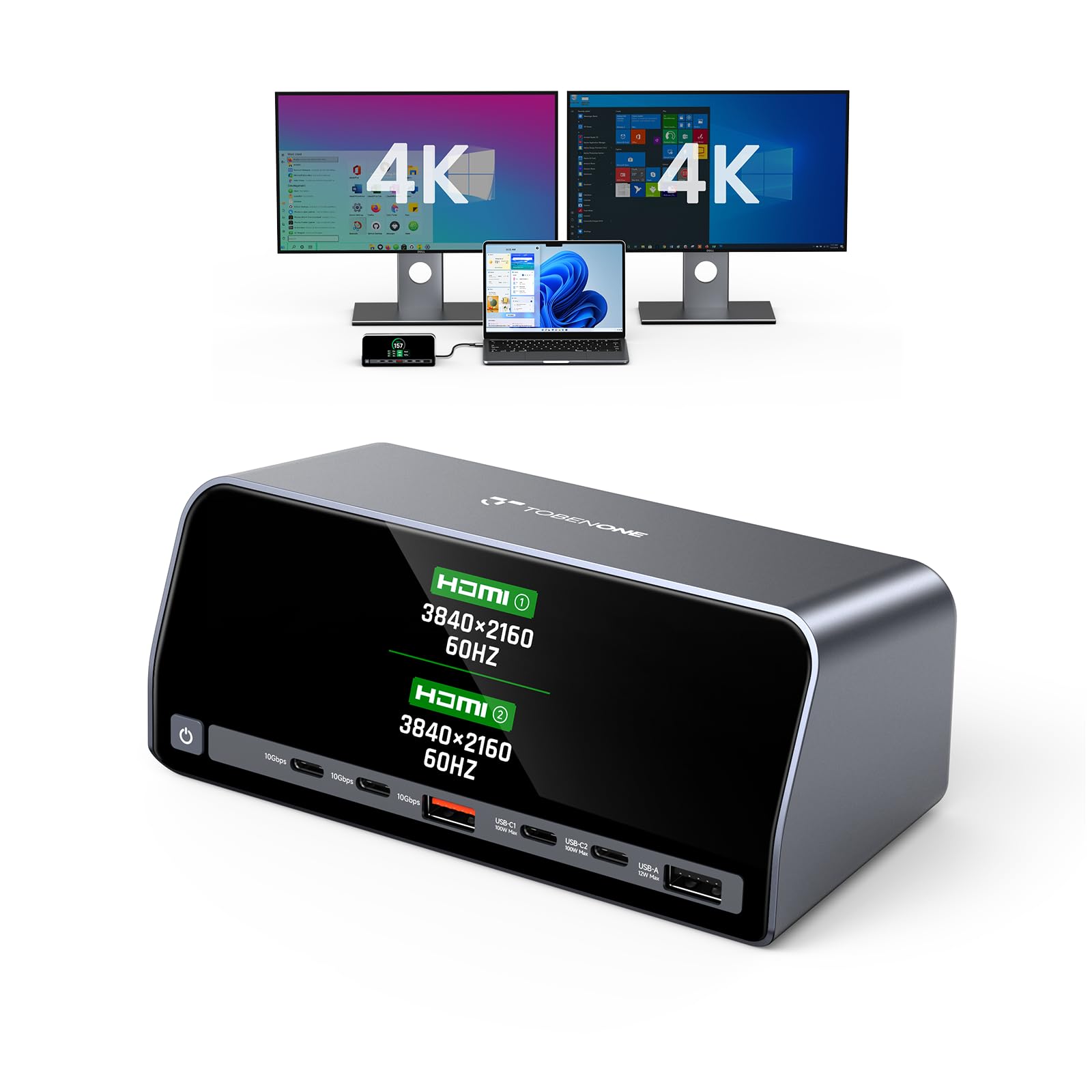 TobenONE Stacja dokująca, stacja dokująca do laptopa 13 w 1, podwójny monitor 4K z HDMI, porty PD 100 W, USB A/C 10 Gb/s, inteligentny wyświetlacz LCD, Gigabit Ethernet, maks. moc wyjściowa 160 W dla