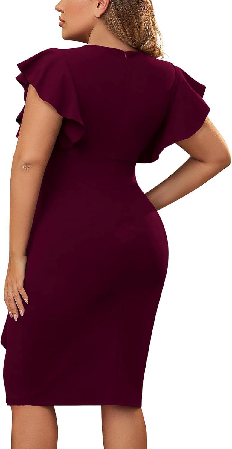 Miusol Women's Plus Size Vintage V Neck Ruffles Sleeve Business Cocktail Party Pencil Dress - Image 6