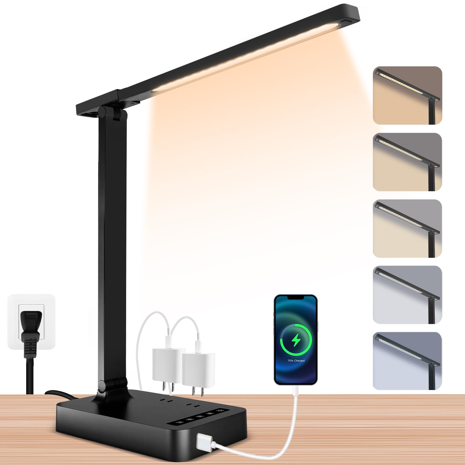 Smart Desk Lamp with 4-in-1 Charging Station (2 AC outlets, Type-C, USB-A ports), 5 color temperatures and 5 brightness levels, adjustable gooseneck arm, eye-friendly lighting for desks, bedrooms
