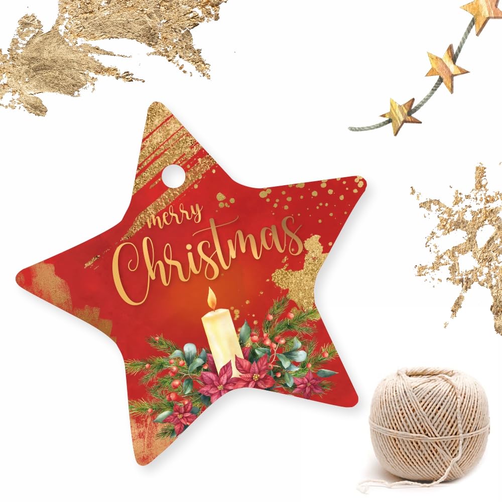 Merry Christmas Red Star Shape – Glossy Gift Tags. Pack of 75. With Jute String for attaching to Gift Box, Cake Box.