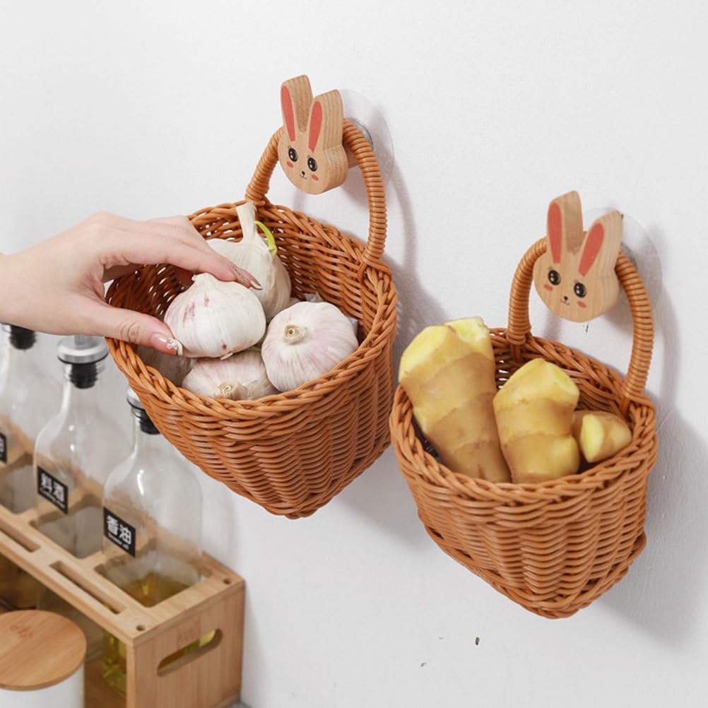 PRETYZOOM Hanging Woven Basket for Kitchen Wall Mounted Storage Rattan Hanging Vegetable Basket Organizer for Ginger Garlic Holder 7.5X7.9X5.1 Inches