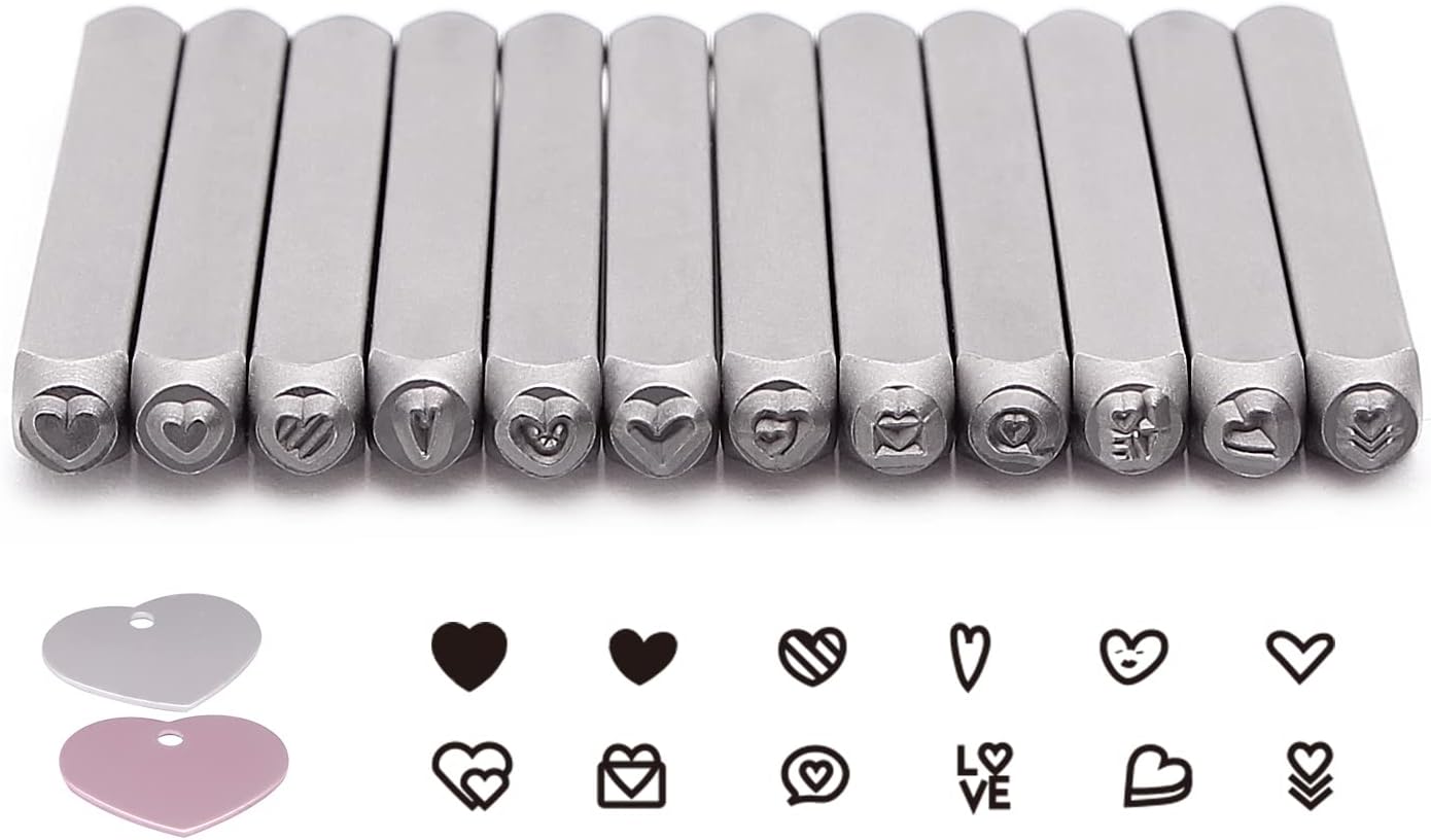 Tlimus Jewelry Metal Stamp Set, 12 Heart-Shaped (Love) Metal Design Stamps, 3MM 12 Steel Stamp Heart-Shaped Punch Set Comes with Three Homemade Aluminum Plates, Metal Punch for Jewelry