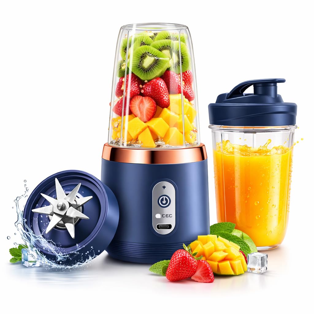 Portable Juicer Mini Blender Mixer Grinder with USB Rechargeable Battery, Smoothie Maker for Fruits & Vegetables, Small Travel Blender Bottle for Shakes, Protein Drinks & Juices, BPA Free Cup (Blue)-image-41