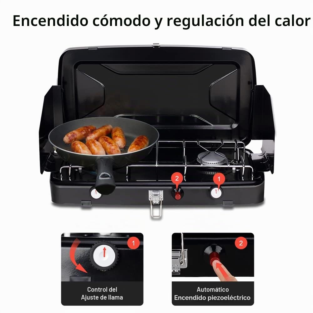 CAMPLUX Hornillo de Gas Portátil con 2 Fuegos, 2.400W, 50 mbar, GPL, para Camping, Protector Viento
