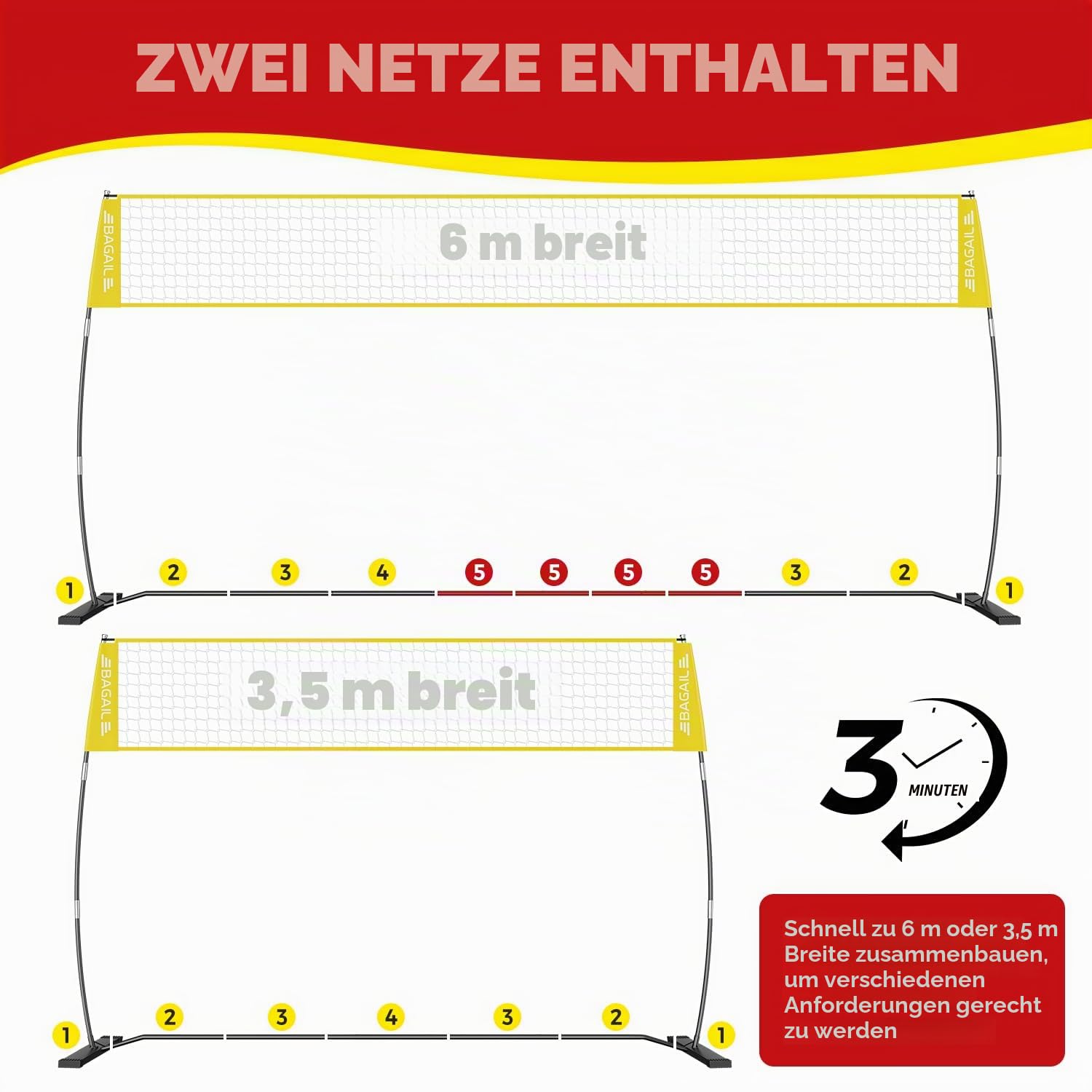 BAGAIL Volleyballnetz, 3.6m/6.1m Volleyballnetz für den Garten - Verstellbare Höhe, Heavy-Duty-Rahmen, Freistehendes Design - Tragbares Outdoor/Indoor-Volleyball-Set mit Tragetasche