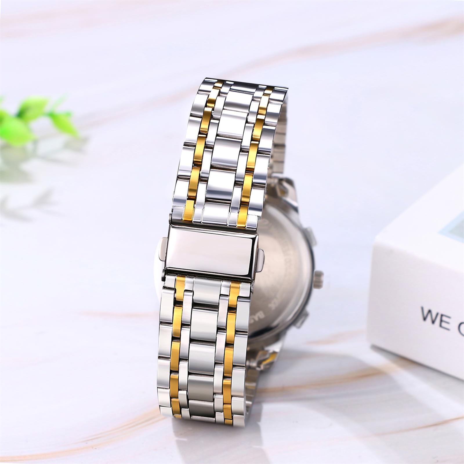 JewelryWe Reloj de vestir de acero inoxidable: reloj de pulsera para hombre y mujer, tono dorado y plateado, luminoso, analógico, de cuarzo, resistente al agua, reloj de pulsera a juego para parejas