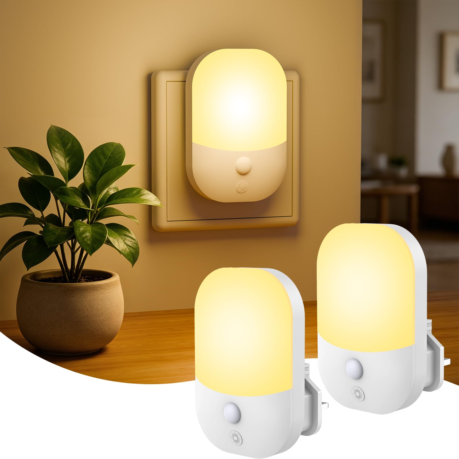 2 Pack Night Light Plug in Wall, Dimmable LED Night Light with Dusk to Dawn Sensor, 3000K Warm White, 5 Brightness Levels, 0.3W Energy Saving Plug in Nightlight for Hallway Bedroom Kids Nursery