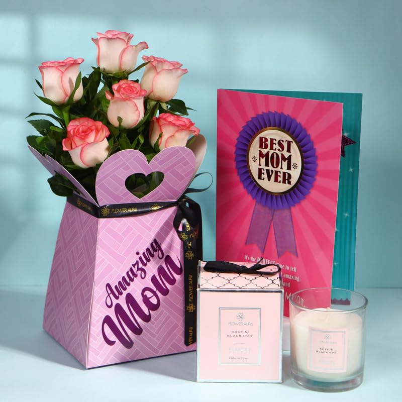 FlowerAura Premium Fresh Live Flower Bouquet of 6 Pink Roses In Box With Scented Candle & Card For Birthday Gift & Mother's Day Gift For Mom | Maa | Mother-In-Law | Grandmother (Same Day Delivery)-image-31
