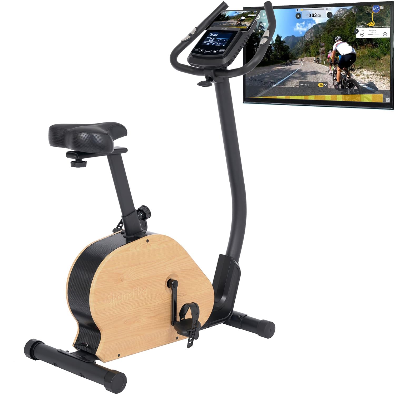 Skandika Vélo d'appartement Treliv P8 | Ergomètre en fer et bois, frein magnétique à 32 niveaux, écran LED, 22 programmes, selle et guidon réglables, compatible avec Kinomap, max 120 KG