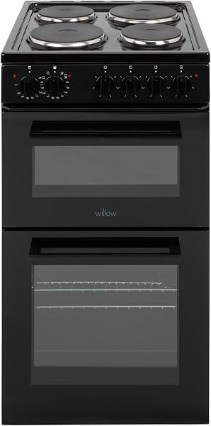 Willow WE50TSB 62L Freestanding Electric Cooker, 50cm Wide Twin Cavity Cooker with Solid 4 Plate Hob, 31L Capacity Grill Cavity, 2 Year Warranty - Black - 1