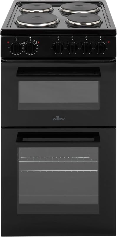 Willow WE50TSB 62L Freestanding Electric Cooker, 50cm Wide Twin Cavity Cooker with Solid 4 Plate Hob, 31L Capacity Grill Cavity, 2 Year Warranty - Black