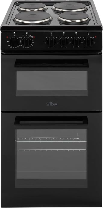 Willow WE50TSB 62L Freestanding Electric Cooker, 50cm Wide Twin Cavity Cooker with Solid 4 Plate Hob, 31L Capacity Grill Cavity, Black [Energy Class A]