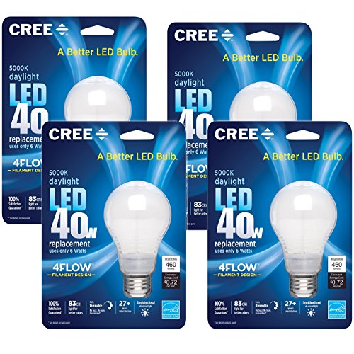 Cree 40W Equivalent Daylight (5000K) A19 LED Light Bulb with 4Flow Filament Design, 4 Pack
